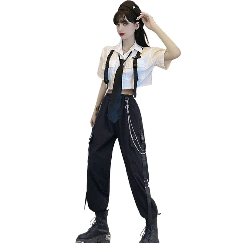 Streetwear Cargo Pants Set with Chain and Harajuku Shirt for Women - 2 Piece Summer Suit Loose Joggers and Blouse White Black