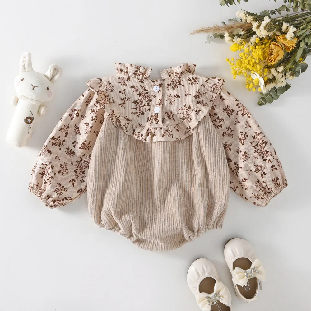 فستان أطفال كوري جديد للربيع والخريف، مرقع بالزهور الكاكي، غطاء سفلي، ياقة واقفة، ملابس زحف مثلثة للأطفال #2