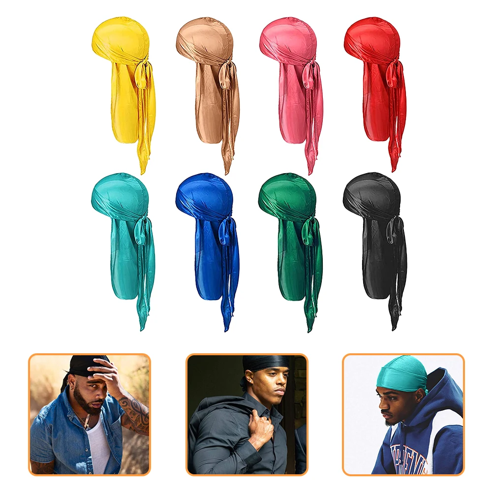 

8Pcs Silk Long Tail Wrap Turban Pirate Hats Stretchy Cap Hair Men Headband Headwraps Satin Long Tail Durag Durag