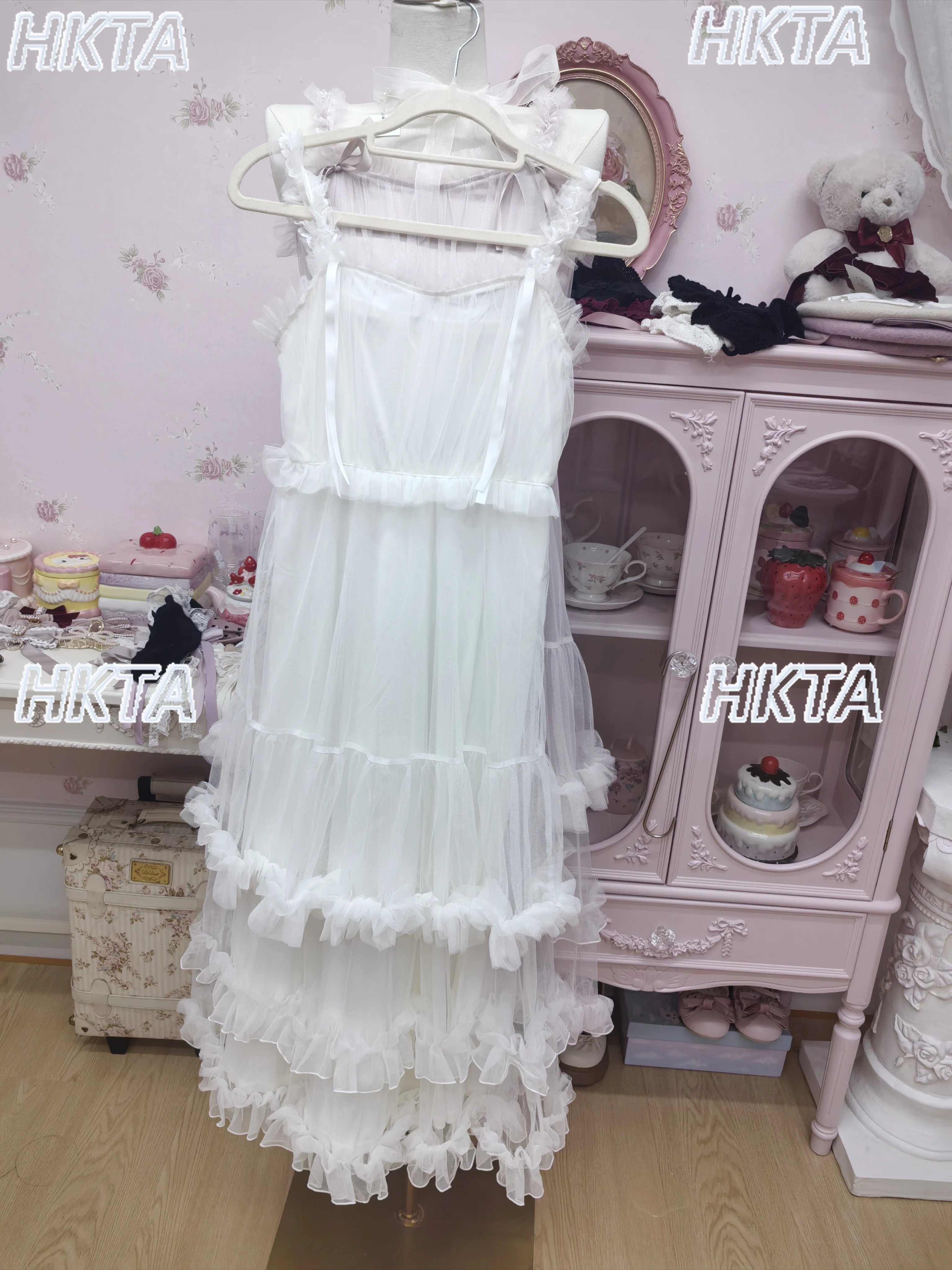 

Японские милые сетчатые плиссированные платья с высокой талией на подтяжках, женские летние повседневные универсальные светло-розовые длинные платья в стиле Лолиты для девочек