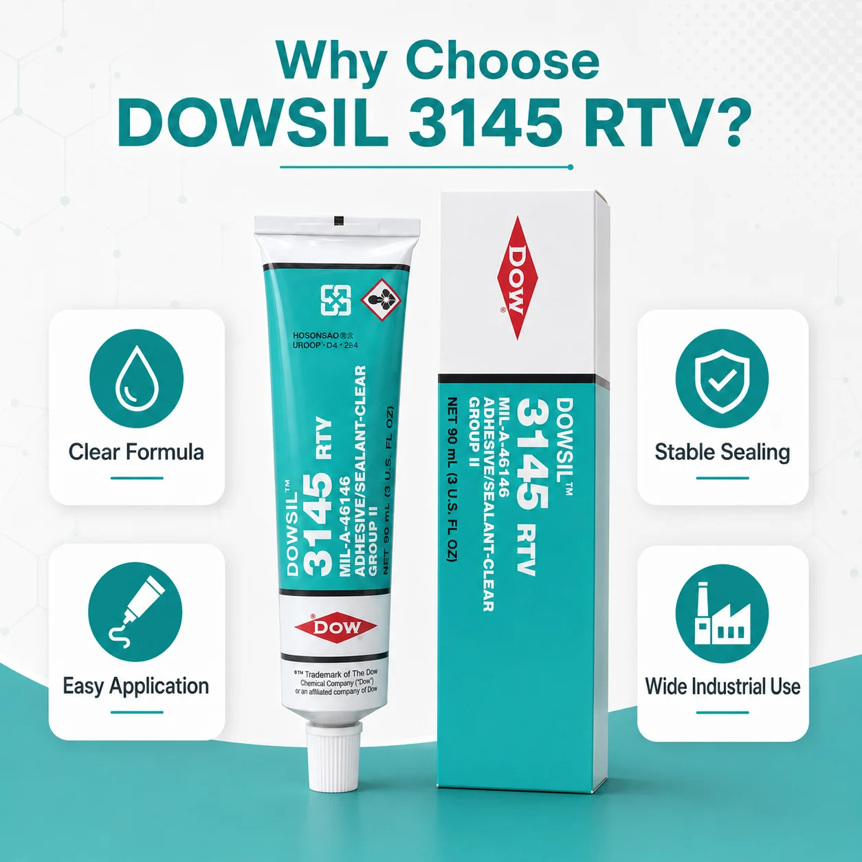 Original DOWSIL 3145 RTV Clear Silicone Adhesive Sealant 90ml MIL-A-46146 Waterproof Glue for Electronics Glass Metal Repair