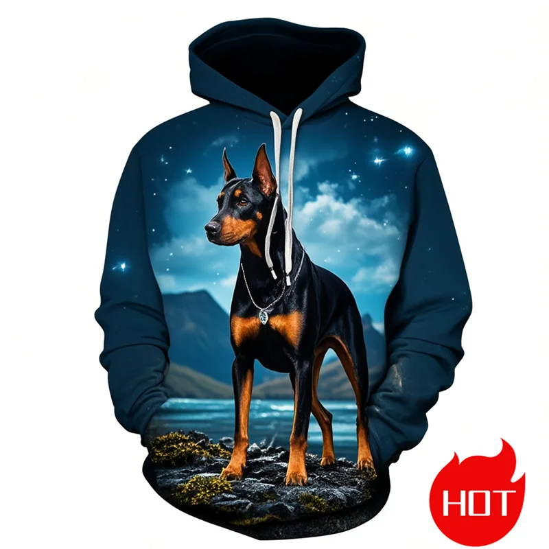 Harajuku 3D Doberman Patterns Printing Hoodies Kid Fashion Cool Streetwear Hooded Hoody Unisex Doggy Pullovers Mens Clothing Top