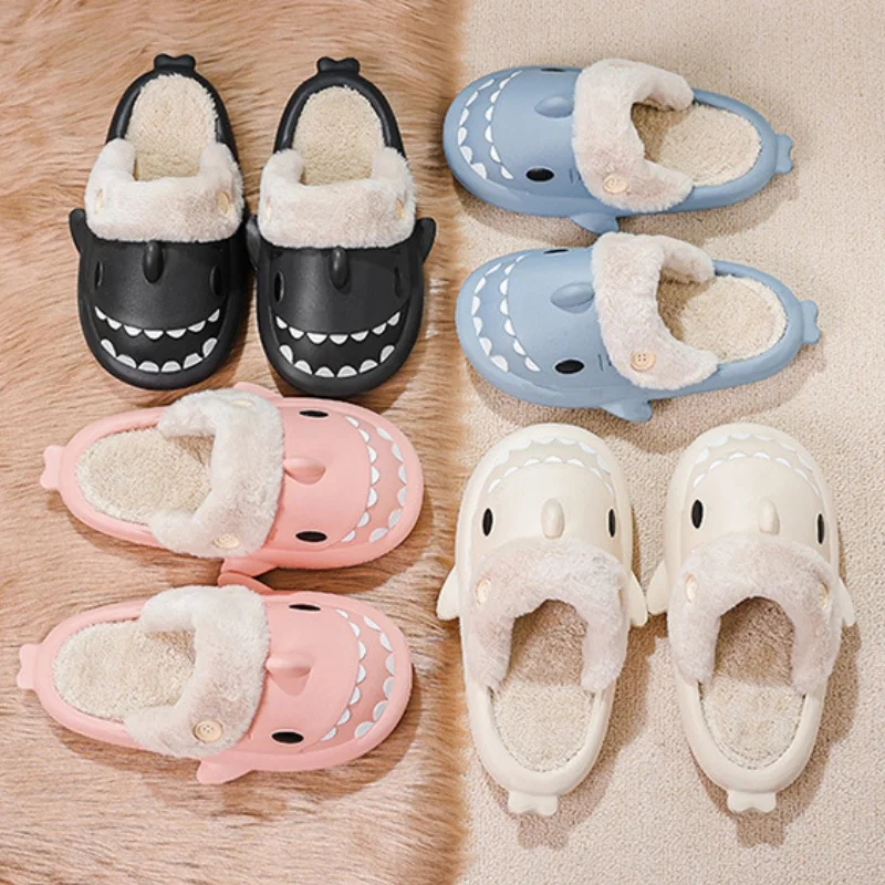 Winter Cute EVA Shark Slippers Women Indoor Warm Plush Cotton Slides Thick Non-slip House Sandals Adults Detachable Flip Flops