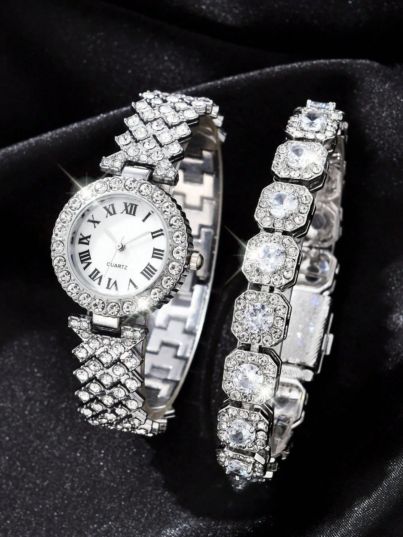 2-piece luxury fashion bracelet watch set with diamonds for women, quartz wrist watch set