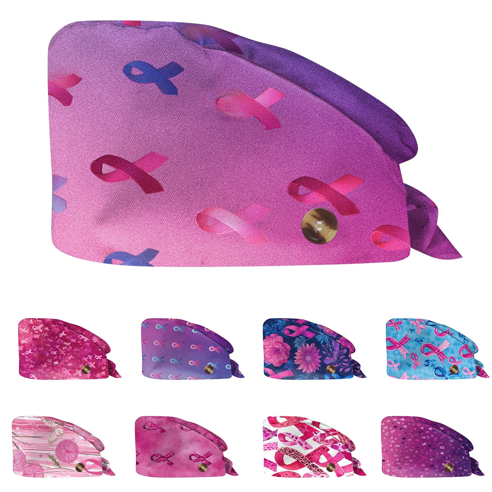 หมวกพิมพ์ลายริบบิ้นสีชมพู หมวกสครับแบบปรับได้ หมวกทำงานร้านเสริมสวย หมวกห้องปฏิบัติการ ร้านขายสัตว์เลี้ยง หมวกพยาบาลแบบมีกระดุม