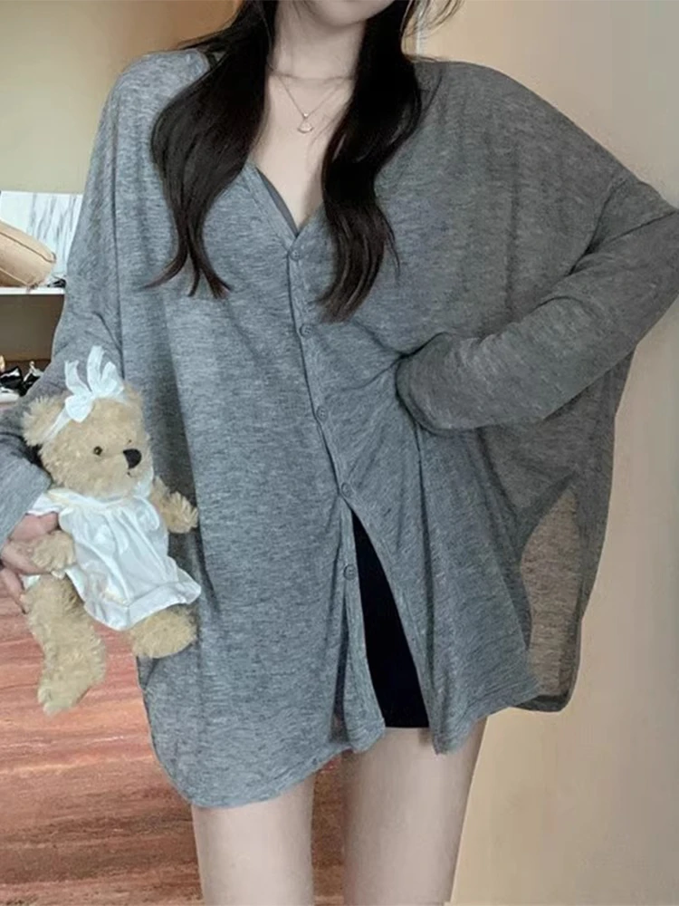 

Вязаный кардиган свободного кроя, тонкий, длинный, женский, летний, для кондиционированных помещений, повседневный, с V-образным вырезом, цельный