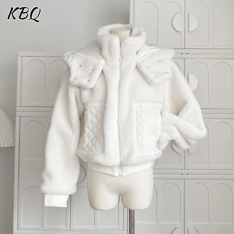 KBQ Elegant Solid Casual Spliced Zipper Coats for Women Hooded Long Sleeve Patchwork Pockets Minimalist Warm Coat Female Fashion