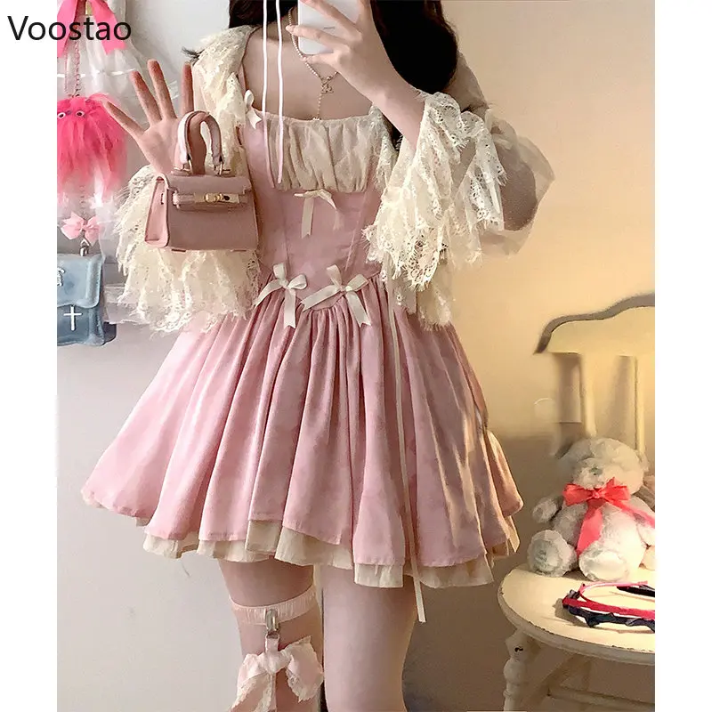 Japanese Kawaii Lolita Mini Dress Summer Women Sweet Satin Bow Sling Dress Gothic Girls Cute Y2k Sleeveless Straps Dress 2023