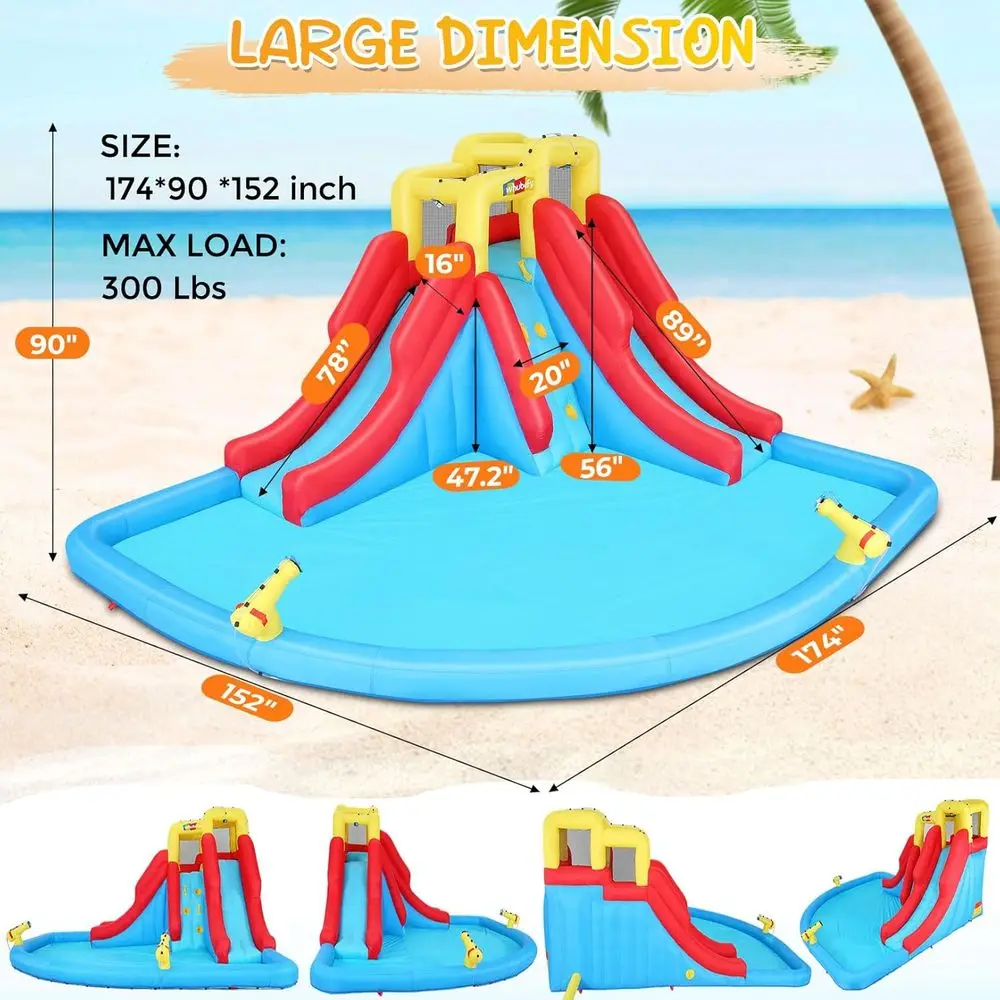 Ogromny dmuchany park wodny z podwójnymi zjeżdżalniami, strefą wspinaczkową, basenem do zabawy i wodnymi karabinami.