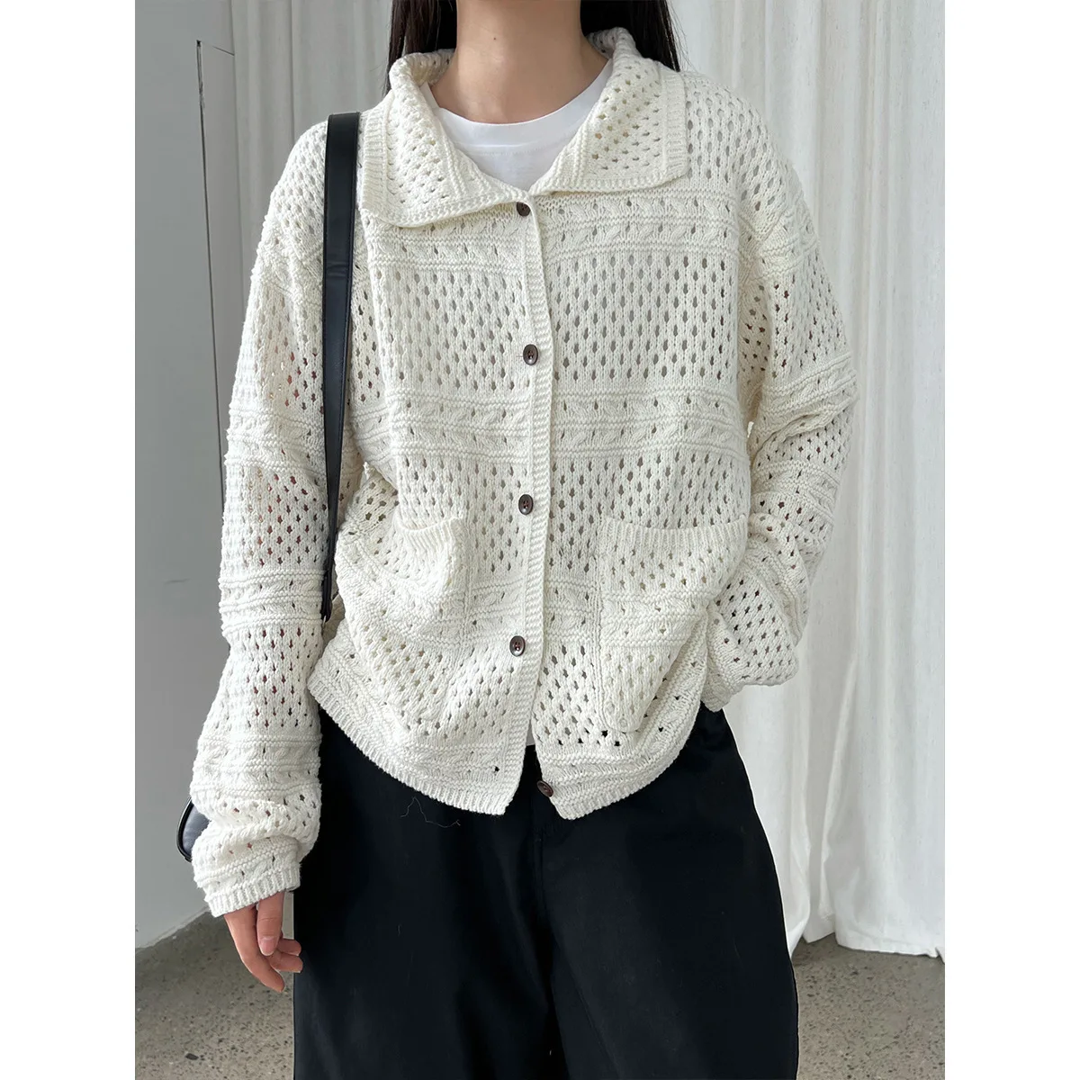 

Crochet Hollow Knit Cardigan For Women 2025 Autumn Turn-down Collar Long Sleeve Jacket Top
