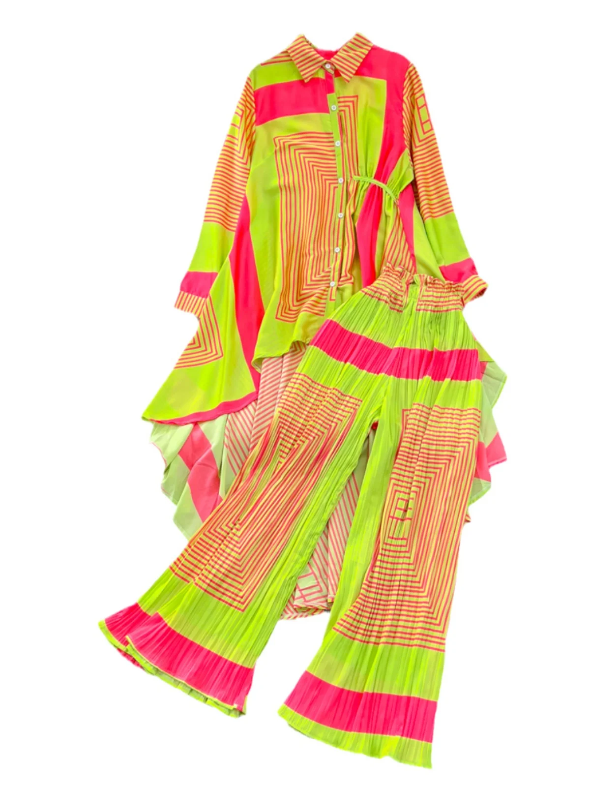 Faionable Long Sve ample Midi irt et pantalon ensemble simple bouton imprimé haut taille haute évasé gored jupe deux pièces costume
