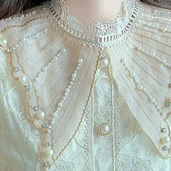 Luxury Style Beaded Stitch Lace Embroidery Shirts and Blouses for Spring Autumn Women Beige Long Sleeve Top Female Clothing