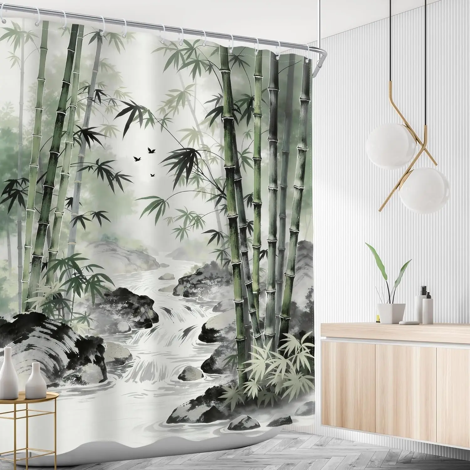 

Бамбуковая занавеска для душа в стиле дзен с акварельным рисунком: зеленые листья, ручей, природа, спокойствие, спа-декор, с 12 крючками