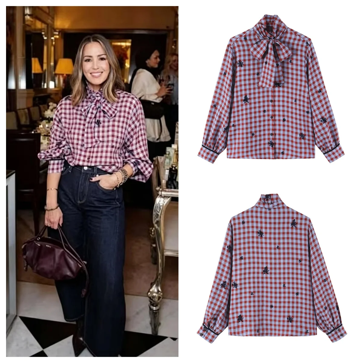 Guobioziy Women's 2026 Early Autumn New Plaid Shirt, Long Sleeve Layered Casual Shirt With Bow Decoration Fashion Blouse