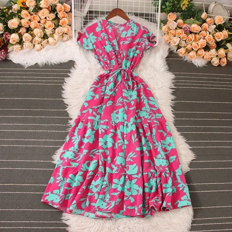 2026 New Summer Sweet Style Bandage Lace-up Short-sleeve Contrast Color High Waist A-line Leisure Women's Dress