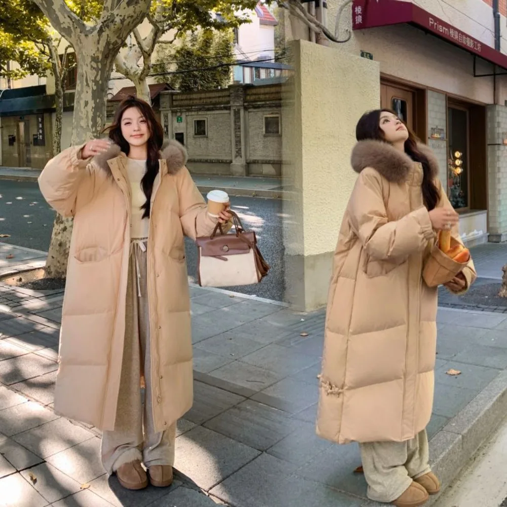 New Women's Elegant Hooded Winter Down Jacket, Thick Leather Collar, Korean Fashion Long Style, Casual Loose Warm Parker Coat