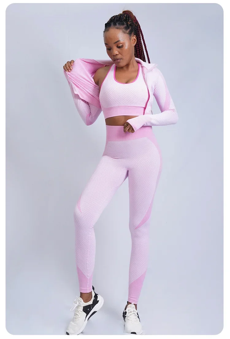 Seamless knitted yoga suit autumn and winter sexy hip lift fitness three-piece set