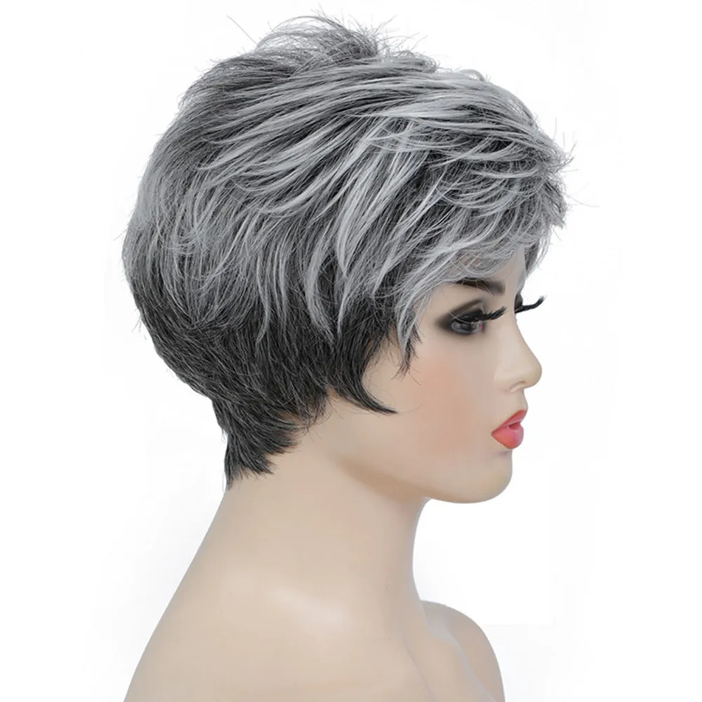 Synthetic Short Wig Natural Gray Fluffy Wigs Soft Mommy Hair Daily Use Women's Straight Textured Hair Party Cosplay Costume Wigs