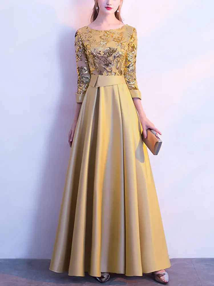 

A-Line Bridesmaid Dress Jewel Neck Long Sleeve Elegant Floor Length Satin Tulle Sequined with Sash/ Ribbon Pleats dress New