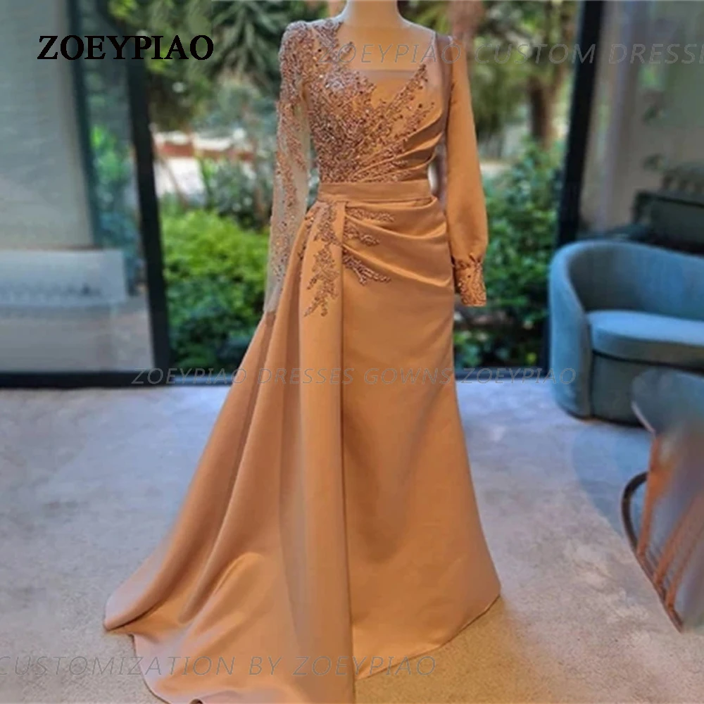 

Champagne Long Sequin Satin Evening Dresses Arabic Dubai Luxury Lace Beading Satin Long Sleeves Prom Dress Gowns Vestidos