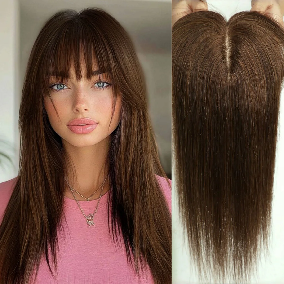 14 inch bruin ombre rechte zijden basis menselijk haar topper met pony 100% remy haarstukje voor vrouwen dunne top clip-in extensions