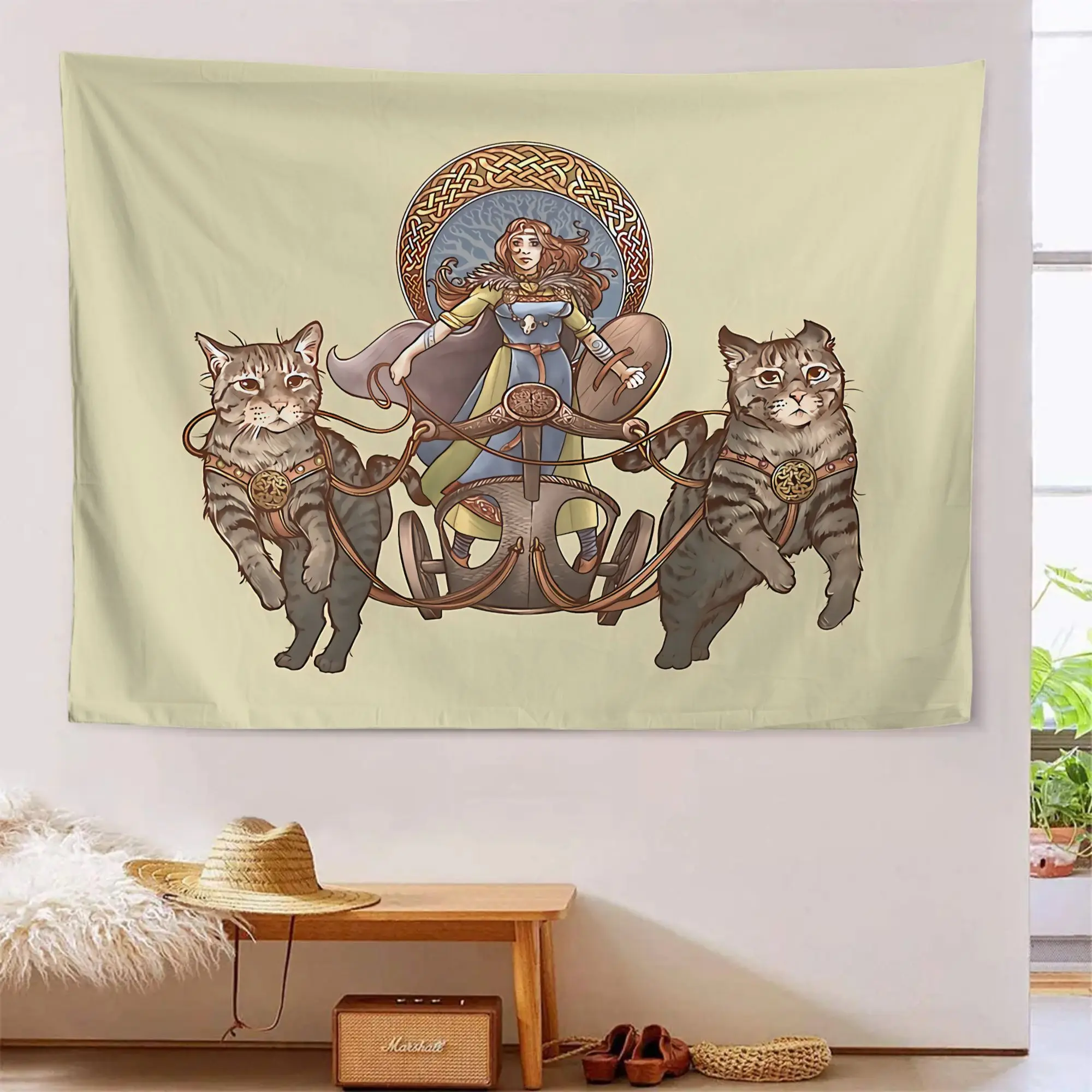 VIKAMA Nordic Mythology Freya Cat Chariot Tapestry Vintage Celtic Knot Goddess and Cat Retro Style Vintage Decor
