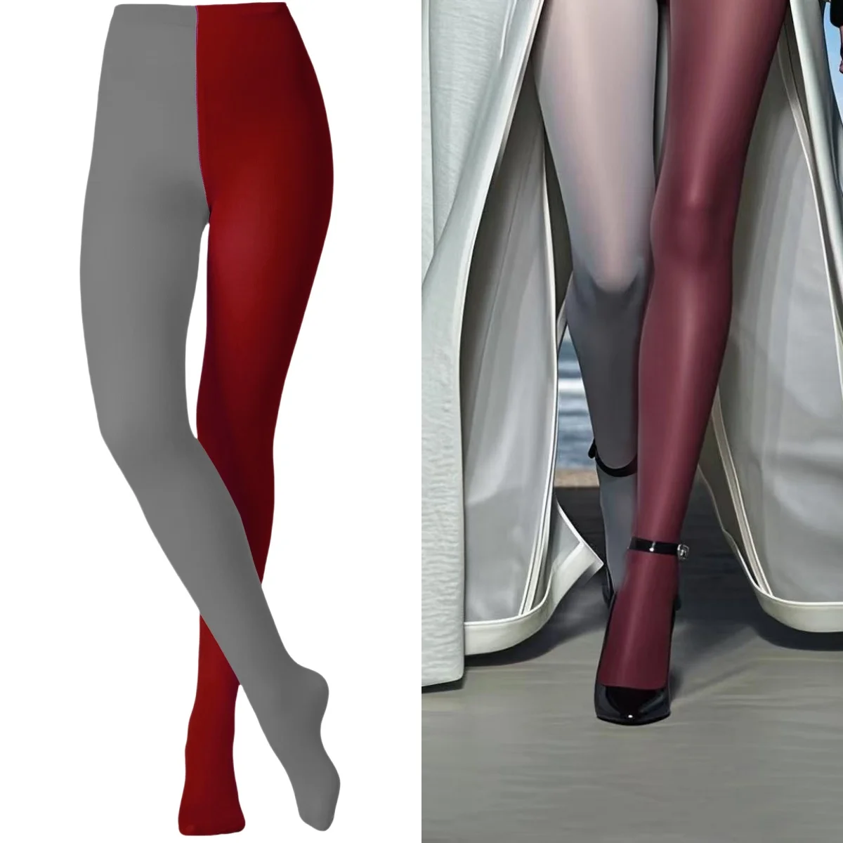 2026 Damen Zweifarbige Dopamin-Farben-Strumpfhose, Zweifarbige Strumpfhose, Asymmetrische Strumpfhose, Duo-Strumpfhose, Zweifarbige Strumpfhose für Damen, 2 Farben – Detail 10