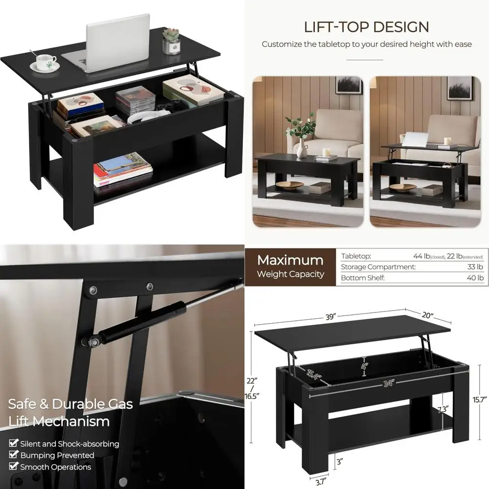 

Lift Top Wooden Coffee Table with Storage Shelf, Large Hidden Shelf for Living Room, Dining Table Option