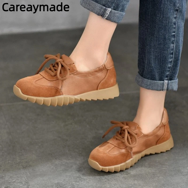 

Careaymade - Высококачественные женские повседневные туфли из натуральной кожи на шнуровке, весна/лето 2026, новые, с мягкой подошвой, с круглым носком, на плоской подошве
