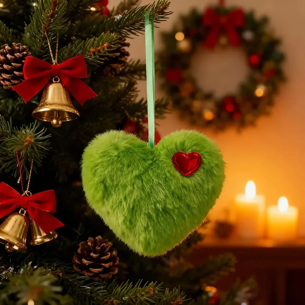 5-15 Stück Grüne Flauschige Herz-Weihnachtsornamente Rotes Herz im Grinch-Stil Herz-Christbaumkugel Weihnachtsbaum-Hängedekoration für Feiertagspartys – Detail 3