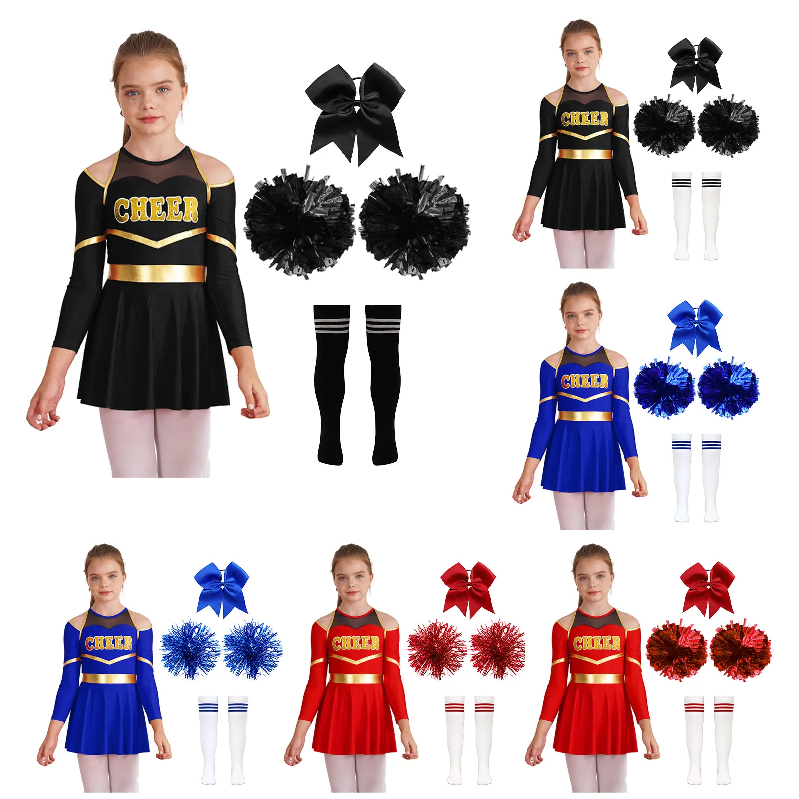 Cheer Leader Cheerleading Trajes para meninas, uniformes de manga comprida, vestido de dança com meias Pom Poms, roupas infantis