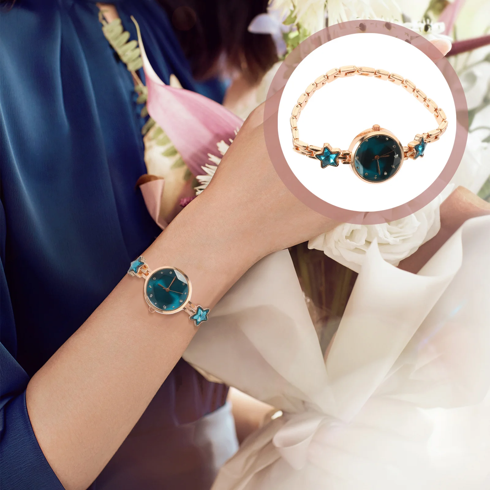 Women Alloy Blue Rhinestone Star Shaped Watch Waterproof Quartz Precise Time Wrist Decoration Delicate Fashion Wrist Watch