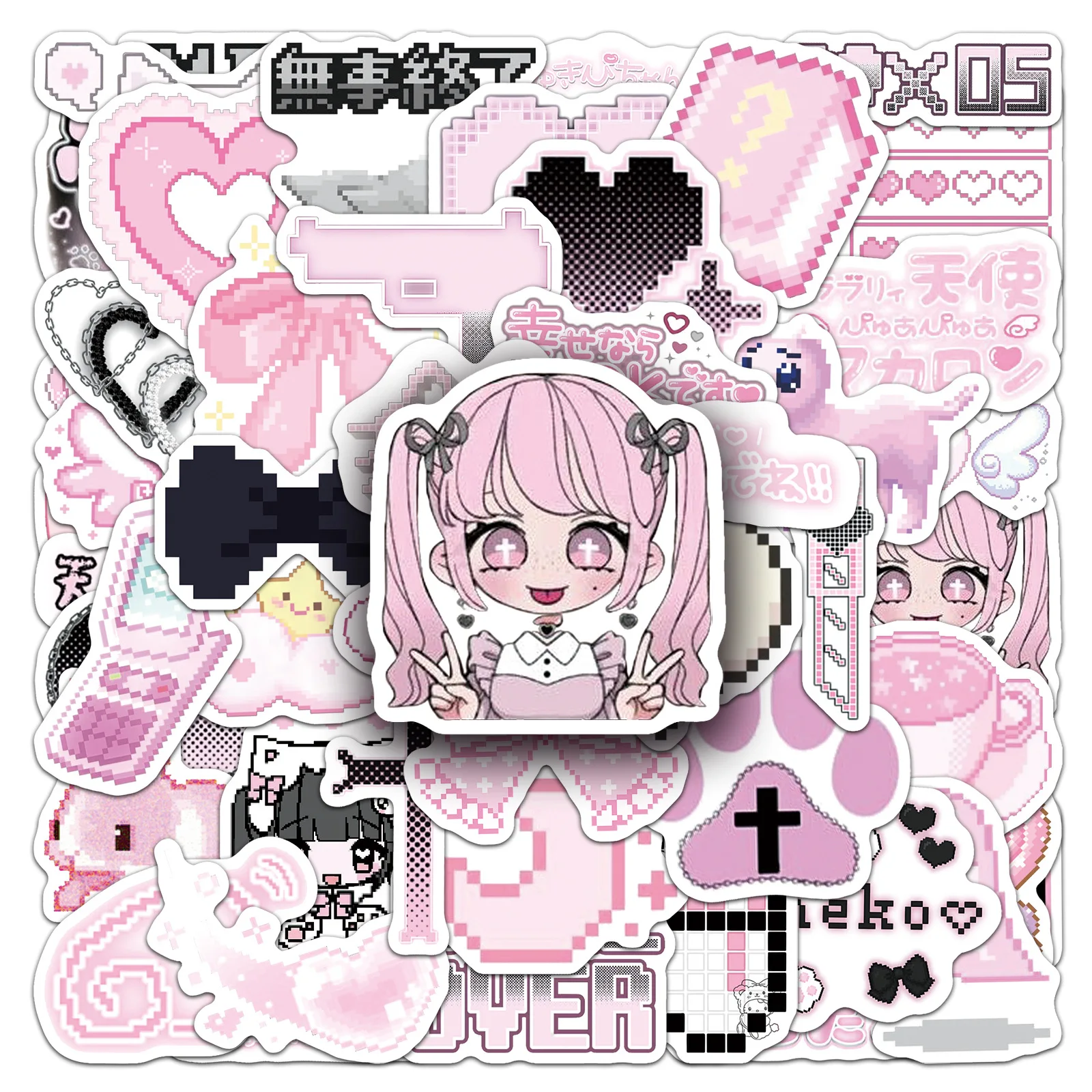 50PCS Pink Pixel Style Waterproof Japanese Girl Cute Object Stickers DIY Notebook Guitar Suitcase Mobile Water Cup Toys Graffiti