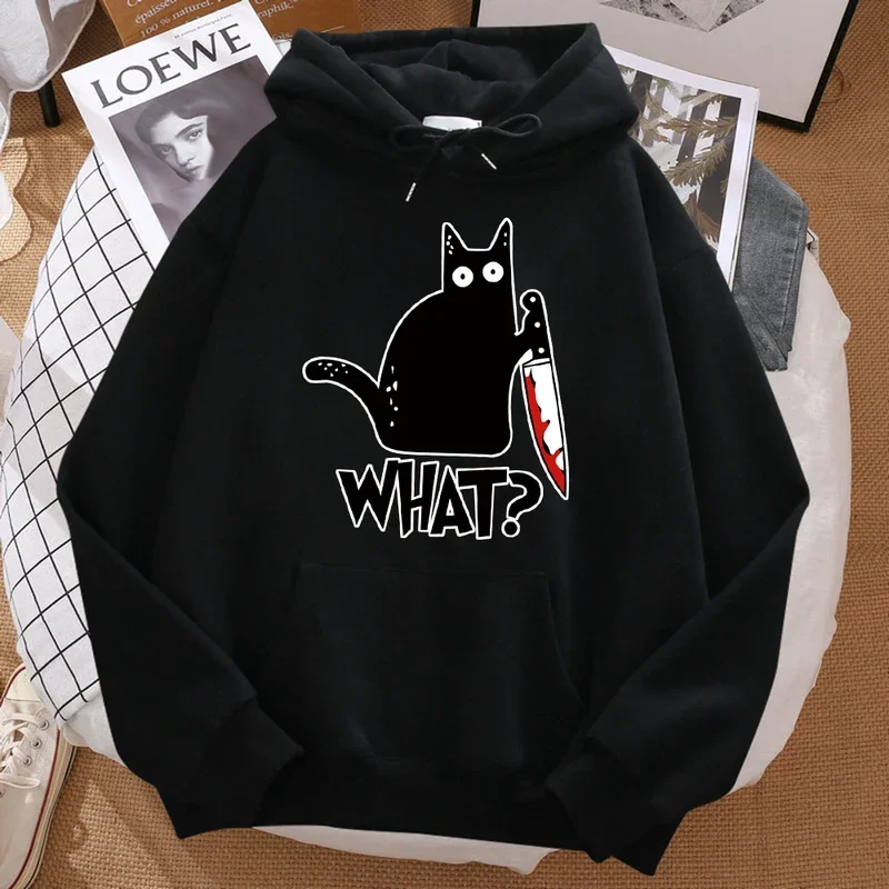 

What Cute Little Black Cat Holding A Knife Men Hoodie Street Fleece Hoody Hipster Autumn Sweatshirt Hip Hop Clothing Woman