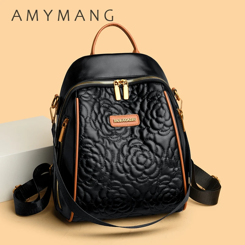 Luxury Flower Pattern Backpacks for Women 2025 Designer High Quality Leather Rucksack Black Travel Student School Bags Sac A Dos