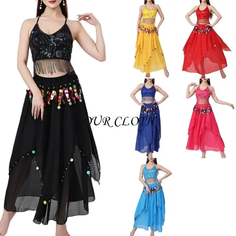 

Костюм для танца живота, 2 шт., длинная юбка для танца живота, костюмы для танца живота на Хэллоуин, Y1AC