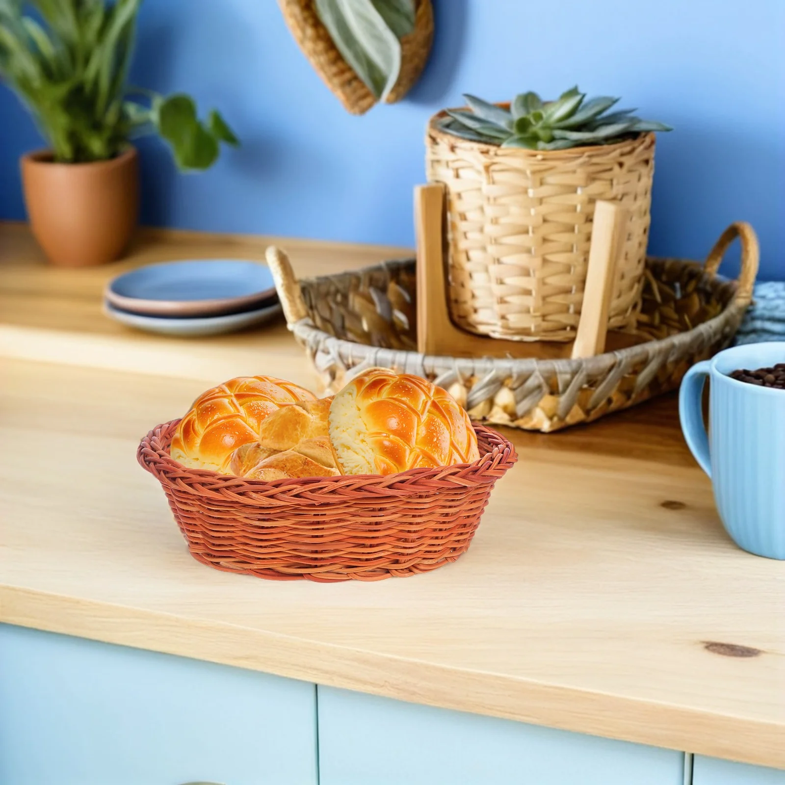 

10Pcs Hand Woven Rattan Bread Basket Natural Fruit Organizer Kitchen Counter Small Snack Holder Storage Bread Basket