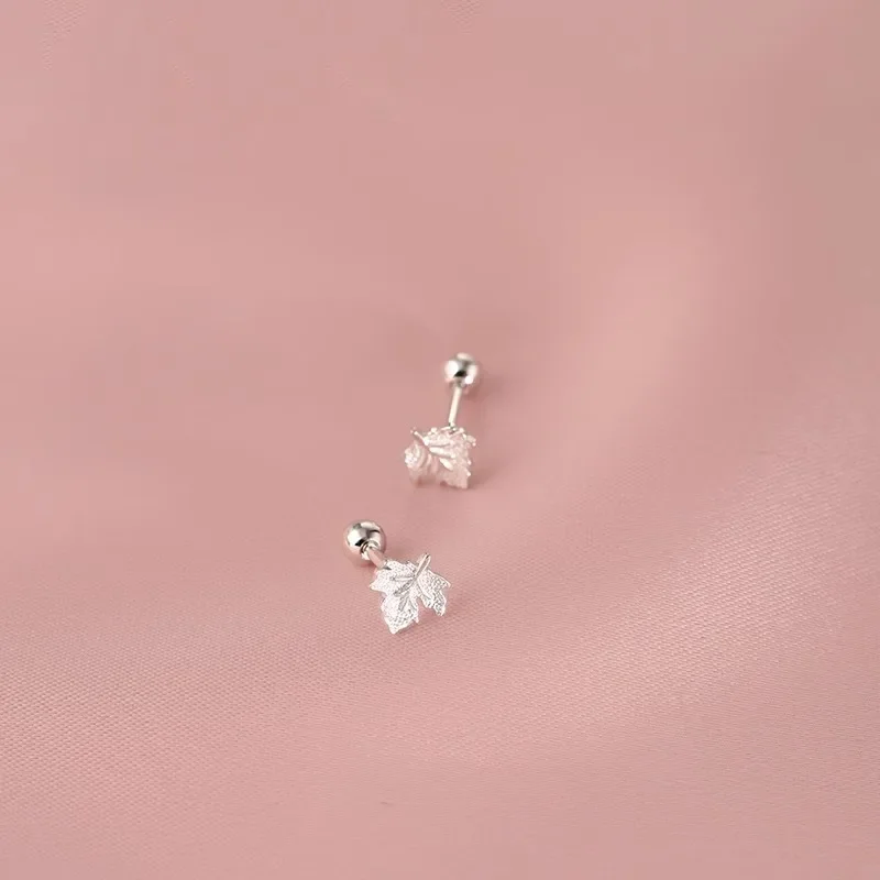 Real 925 Sterling Sliver Maple Leaf Stud Earrings for Women Cute Plant Fine Jewelry Minimalist Piercing Screw Bead Accessories