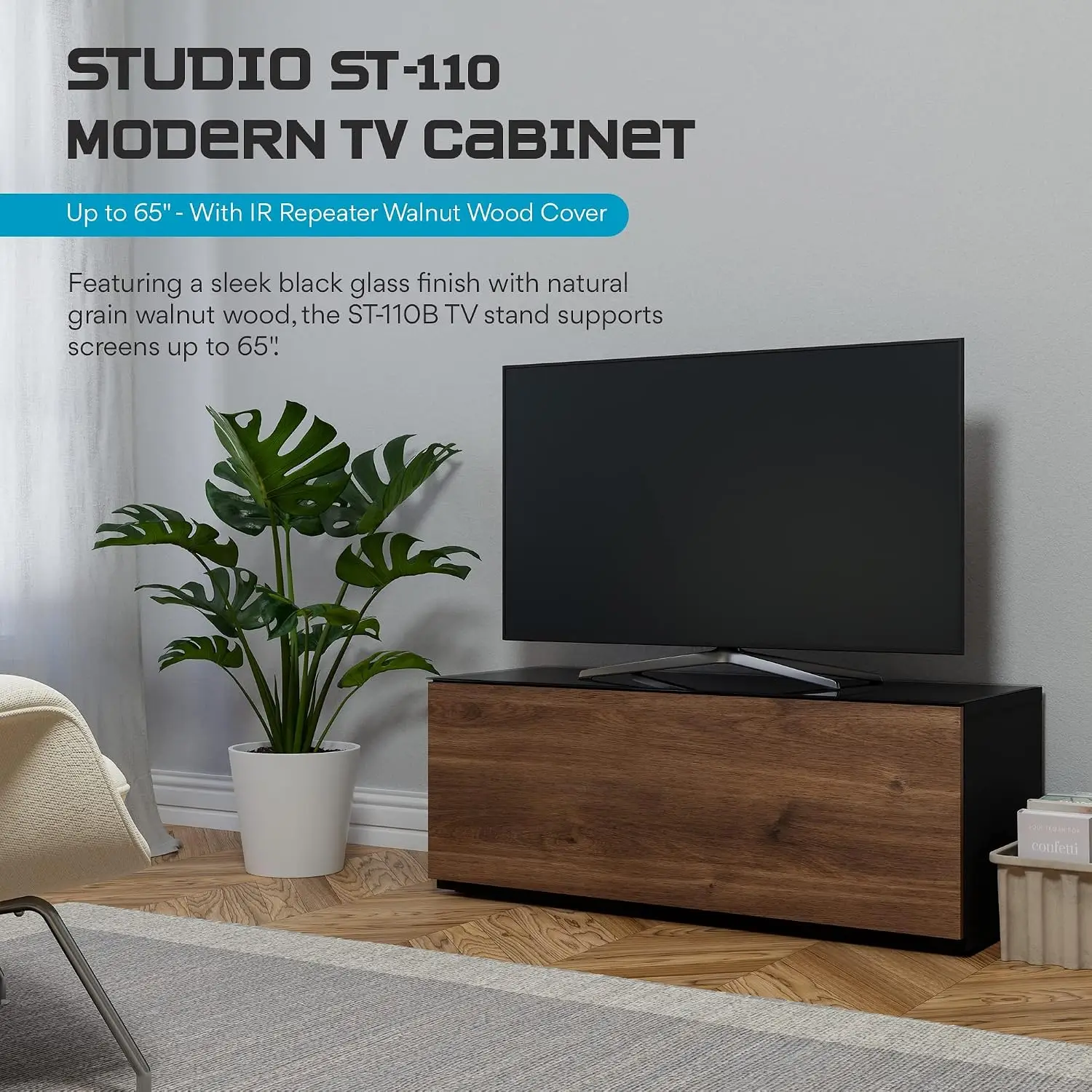 Modern TV Stand Glass & Wood Entertainment Center Media Console Living Room 65 Inch Hidden Wheels Storage, Customized