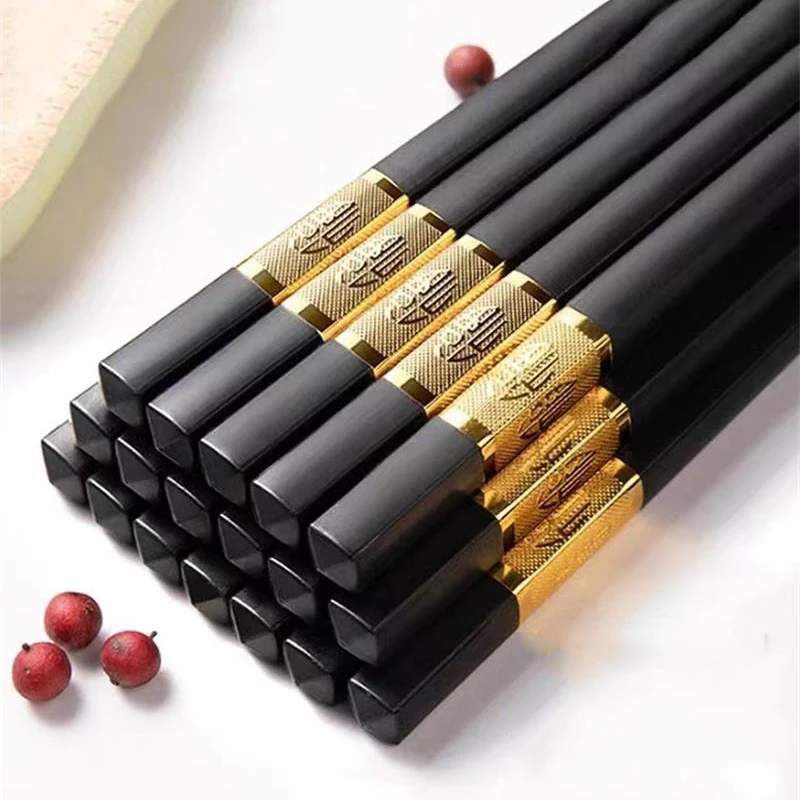 5 Pairs Chinese Chopsticks Food Grade Plastic + Alloy Food Stick Non-slip Reusable Chopsticks for Sushi Tableware