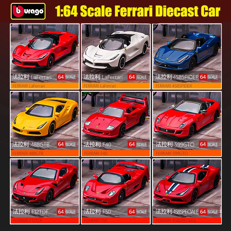 Bburago Ferrari 1/64 Diecast Model Car Enzo LaFerrari 458 F50 F40 GTO 488GTB Miniature with Box Toy for Hobby Collection Gifts