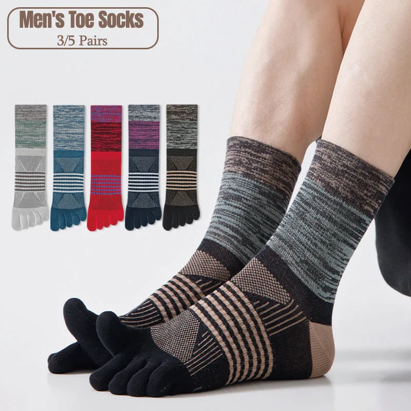 

3/5 Pairs Men's Cotton Five Toe Crew Socks Mesh Breathable Anti-Odor Athletic Running Badminton Separate Toe Sport Socks
