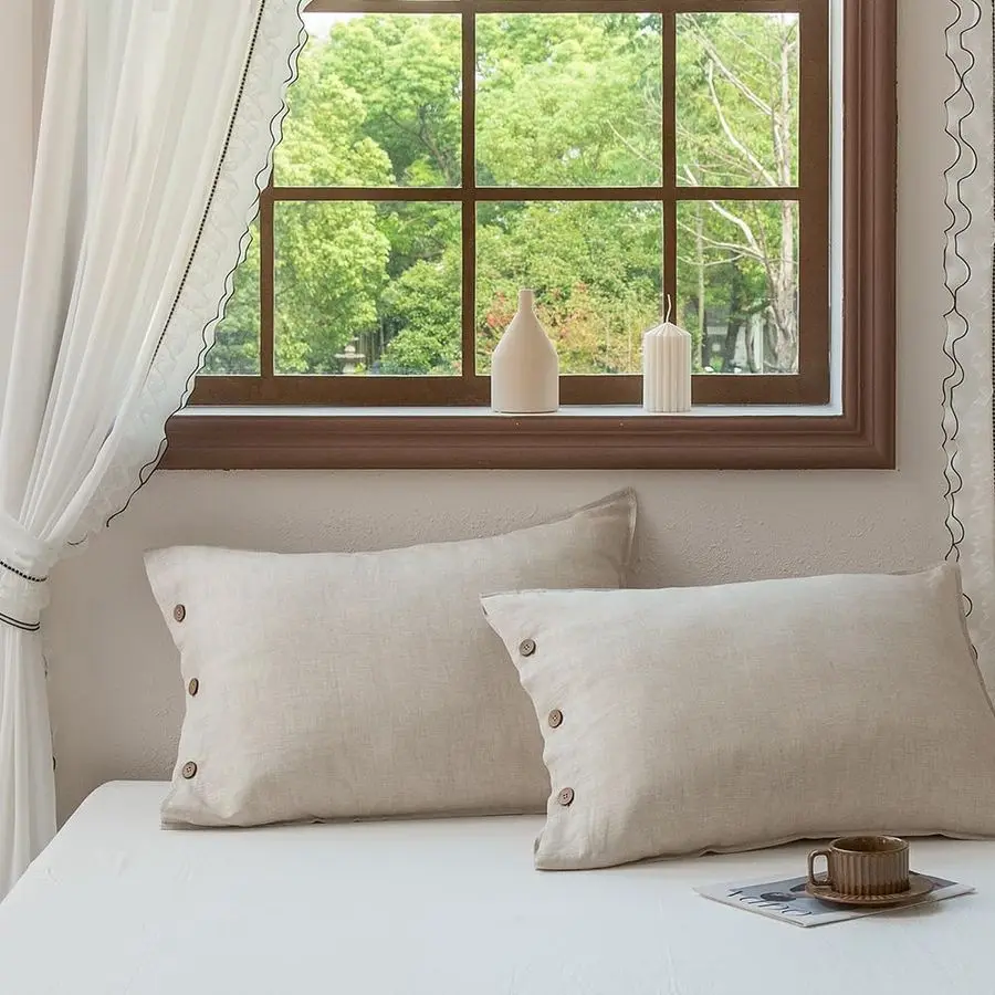 

Набор из 2 наволочек из 100% льна, французский лен из Нормандии, стандартный размер 20x36 дюймов, натуральный цвет, застежка на кокосовых пуговицах, Fla