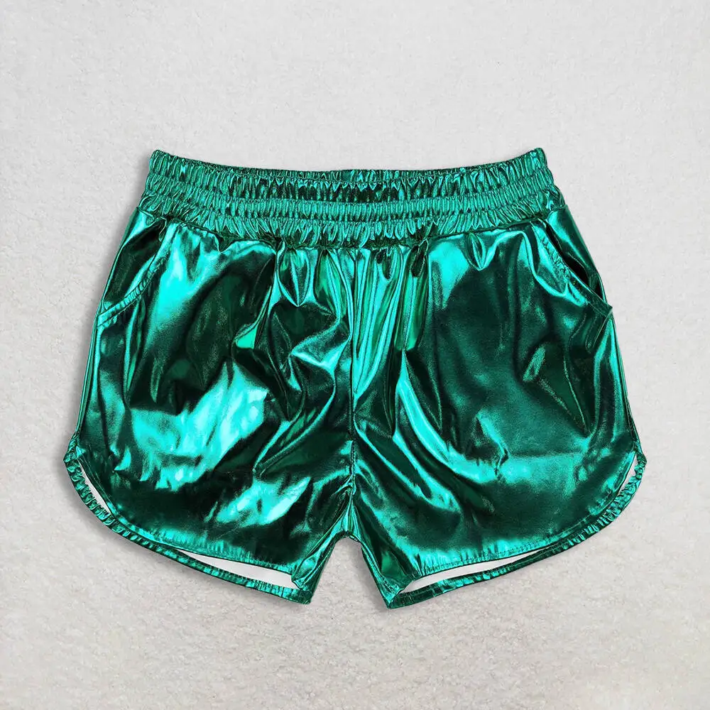 Pantalones cortos de cuero verde metalizado para niñas con parte inferior elástica y bolsillo para un ajuste cómodo