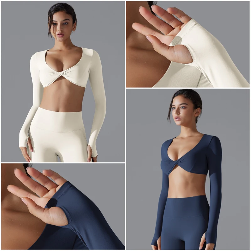 VITALINOVO Langarm Gym Crop Tops für Frauen Twist Deep V Workout Crop T-Shirt Top Schnell trocknend gepolstert Sport Fitness Yoga Top – Detail 24