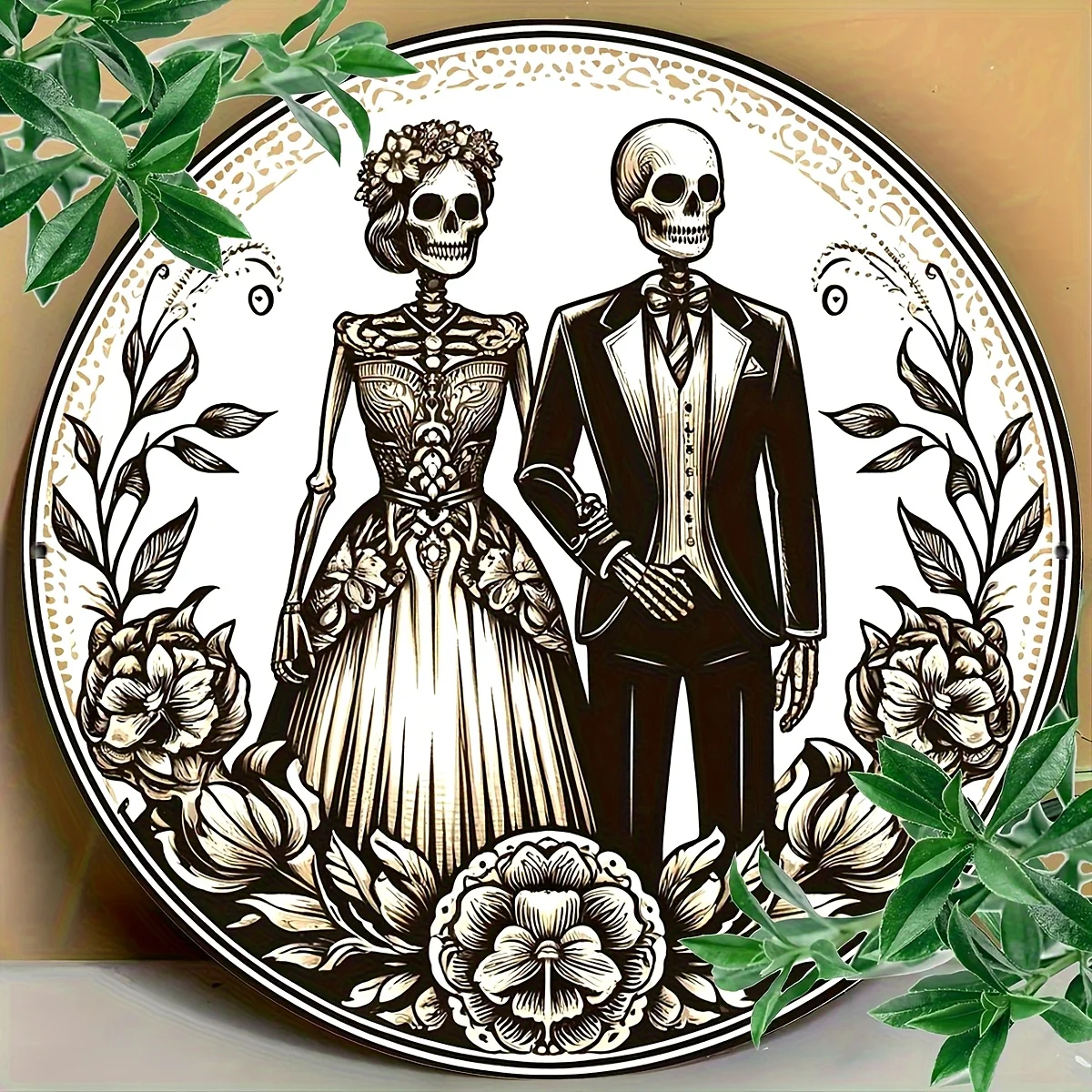 1pc 8 X 8 Inch Charming Gothic Skeleton Couple Wreath Sign - Aluminum, Ivory Frame Design for Halloween And Day of The Dead Deco