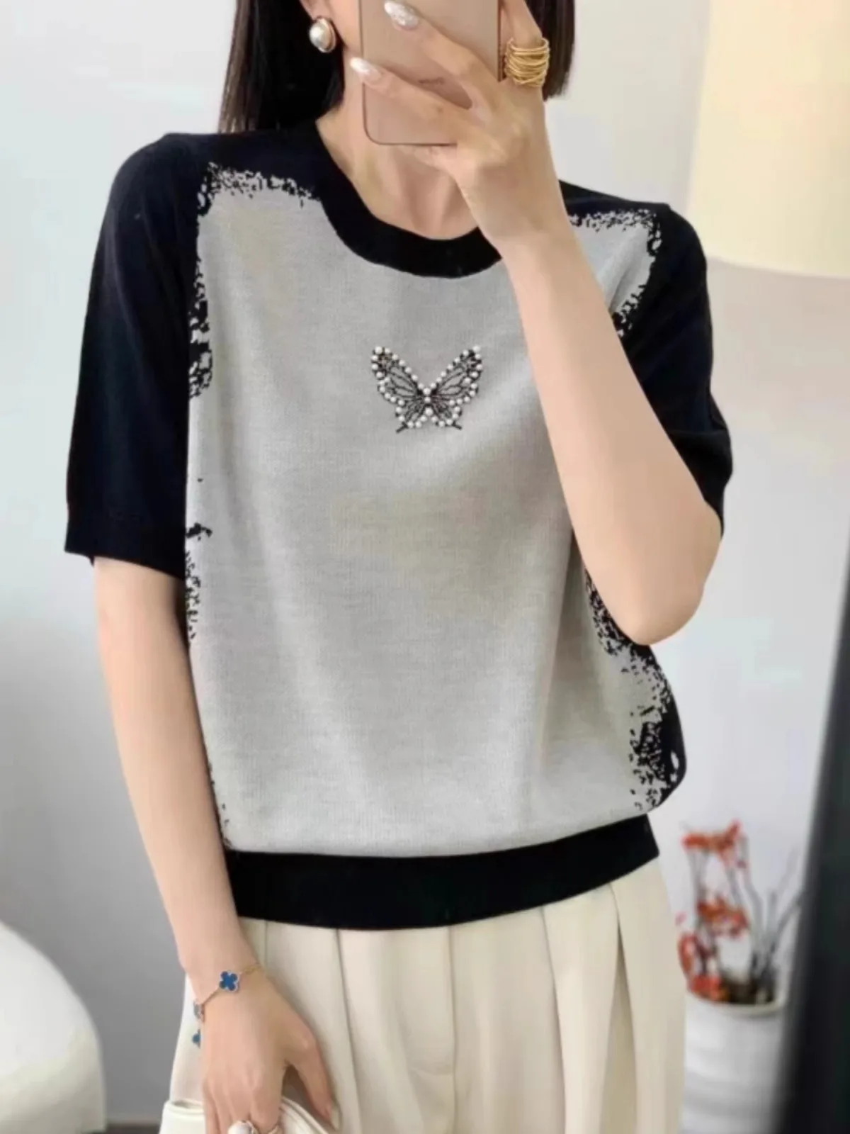 Fashion ink painting color pearl butterfly round neck ice silk knit short sleeve women's summer thin half sleeve loose T-shirt