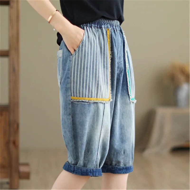 New Arrival 2024 Summer Arts Style Women Elastic Waist Patchwork Cotton Denim Harem Pants Big Pocket Vintage Jeans Cropped Pants