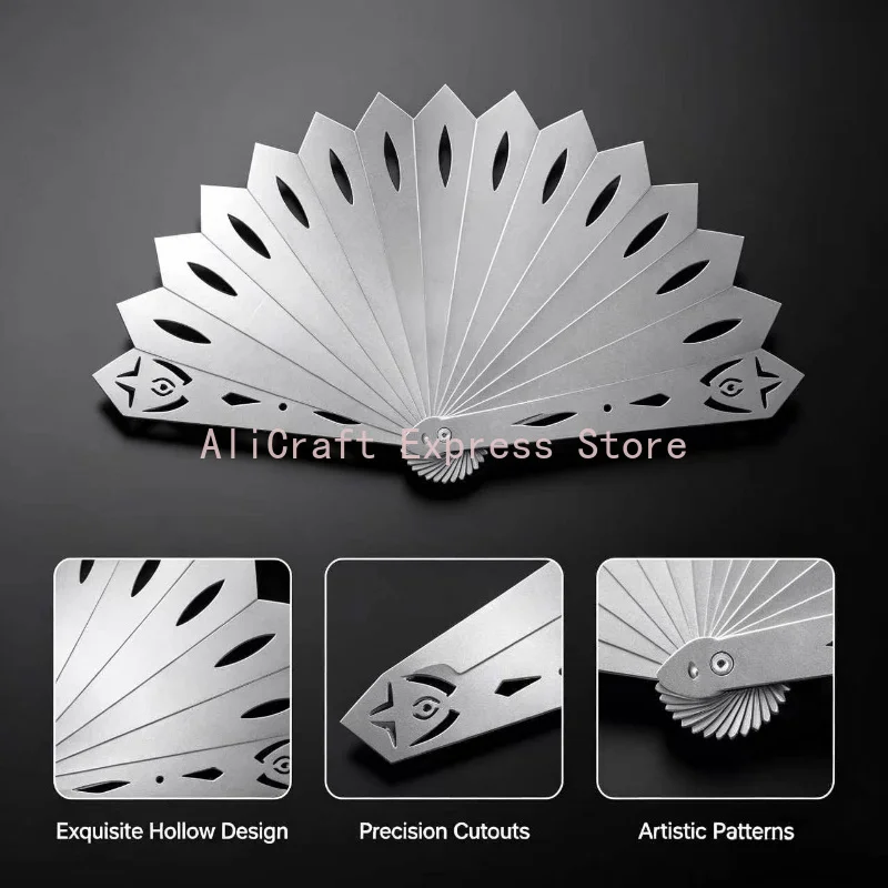 7 Inch Hollow‑Carved Fine Steel Folding Fan, Solid Metal Hand Fan, Cosplay Prop & Desktop Art Ornament for Collection