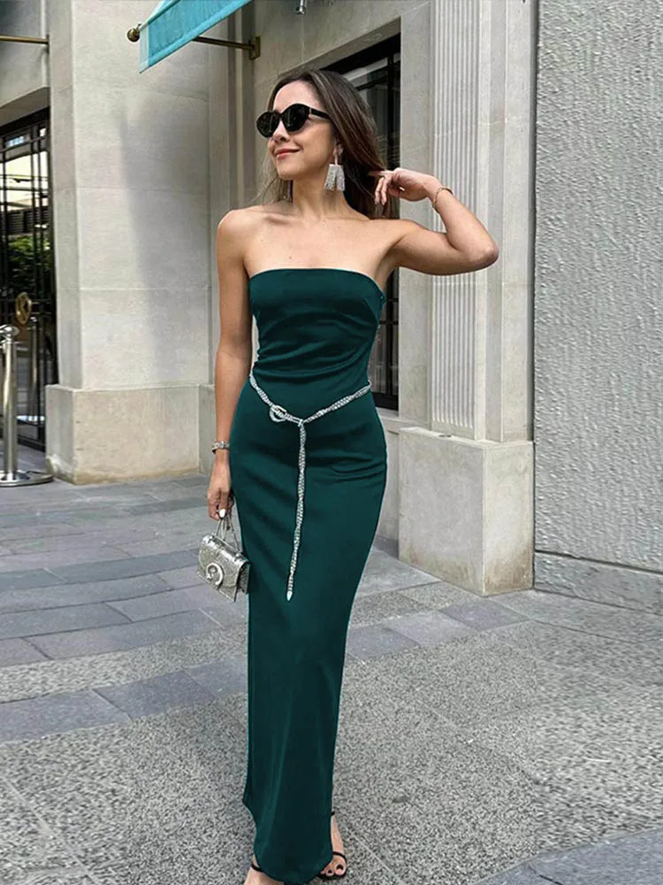 

Slim Straight Strapless Maxi Length Dress Women Sexy Elegant Texture Solid Off Shoulder Vestidos Summer Bodycon Party Robe